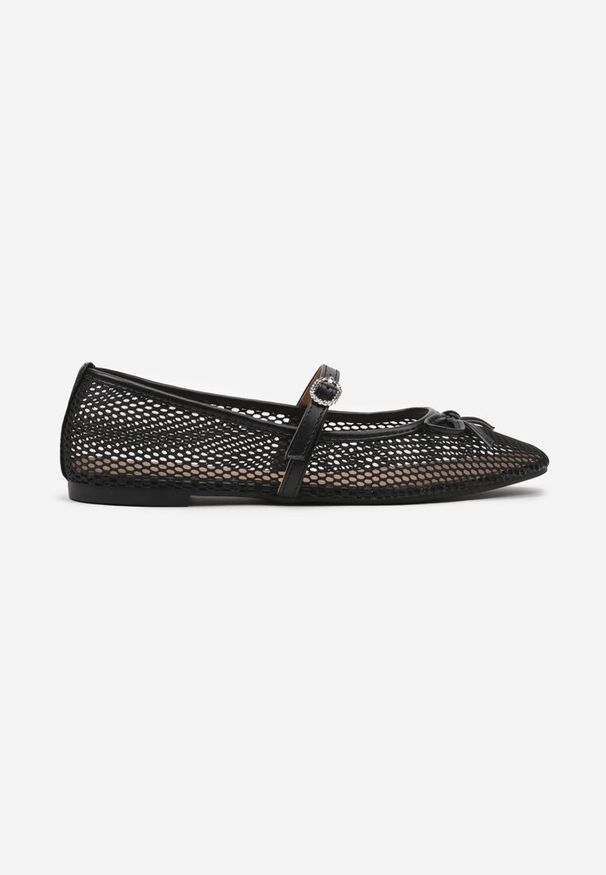 Renee - Czarne Siateczkowe Balerinki Vices z Paskiem z Klamrą i Ozdobną Kokardką Niladiela. Okazja: na co dzień. Zapięcie: klamry. Kolor: czarny. Styl: casual, elegancki
