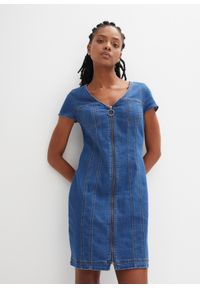 bonprix - Sukienka dżinsowa z zamkiem, z poliestru z recyklingu. Typ kołnierza: dekolt w serek. Kolor: niebieski. Materiał: poliester #1