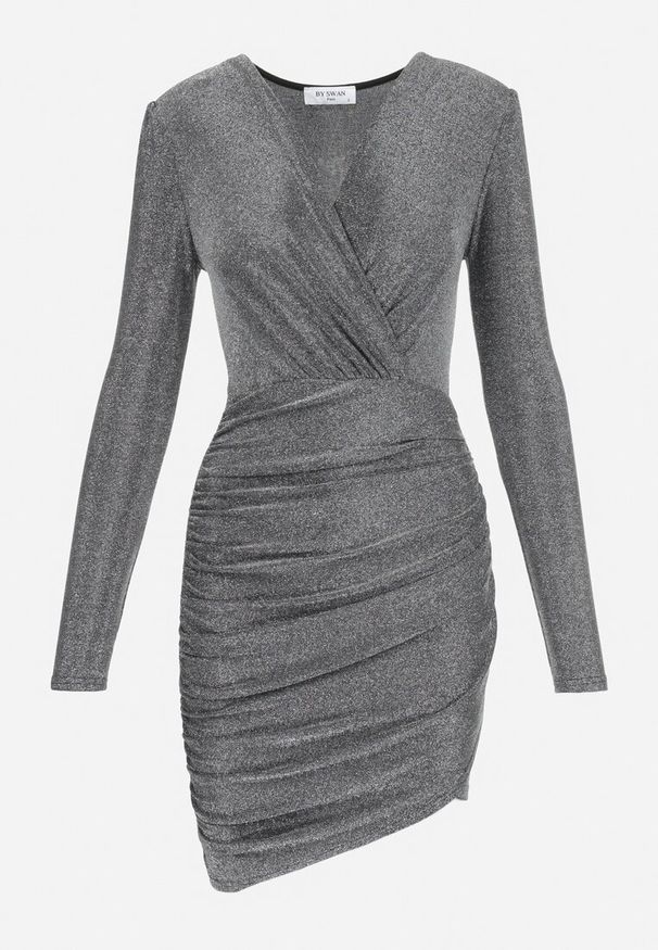 Born2be - Srebrna Sukienka Kopertowa z Drapowaniem Gioma. Kolor: srebrny. Typ sukienki: kopertowe. Styl: wizytowy