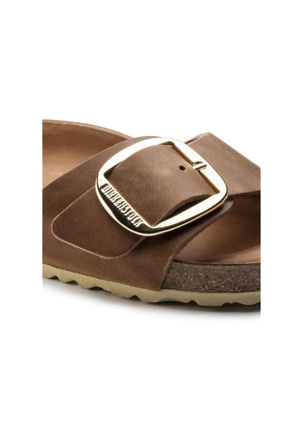 Birkenstock Madrid Koniakowe Kapcie Z Dużą Klamą Damskie. Okazja: na co dzień. Kolor: brązowy, beżowy, wielokolorowy. Materiał: syntetyk, materiał. Styl: casual