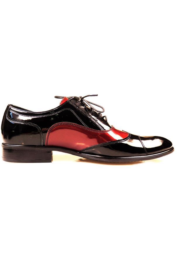Modini - Czarno-bordowe buty wizytowe T99 - Austerity, caponki. Kolor: czarny, wielokolorowy, czerwony. Materiał: skóra, materiał. Styl: wizytowy