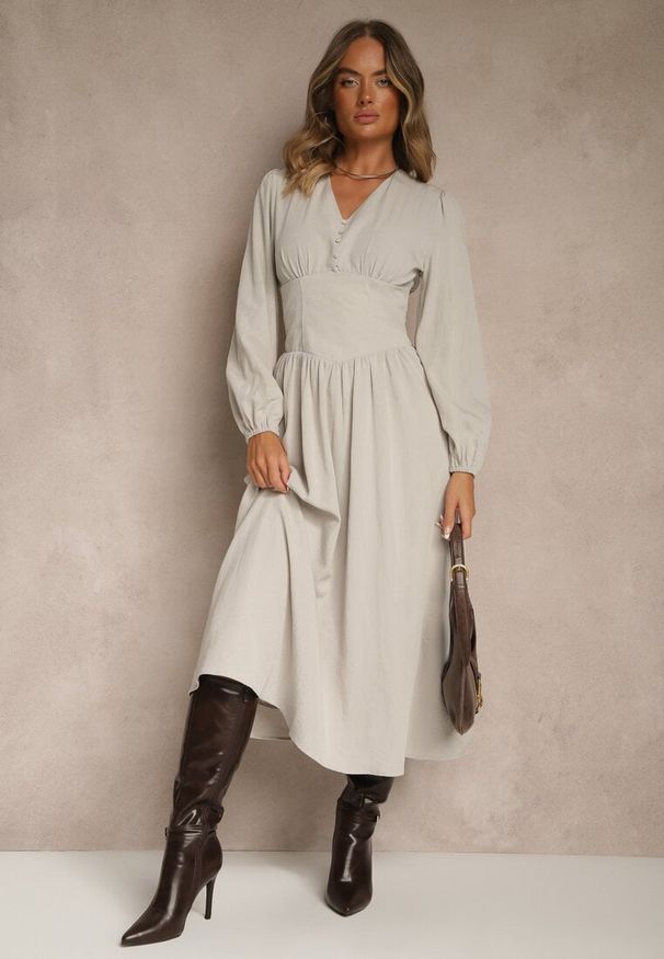 Renee - Beżowa Gorsetowa Sukienka z Wiskozą z Guzikami i Bufiastymi Rękawami Ahlite. Typ kołnierza: dekolt gorset. Kolor: beżowy. Materiał: wiskoza. Typ sukienki: gorsetowe. Styl: klasyczny