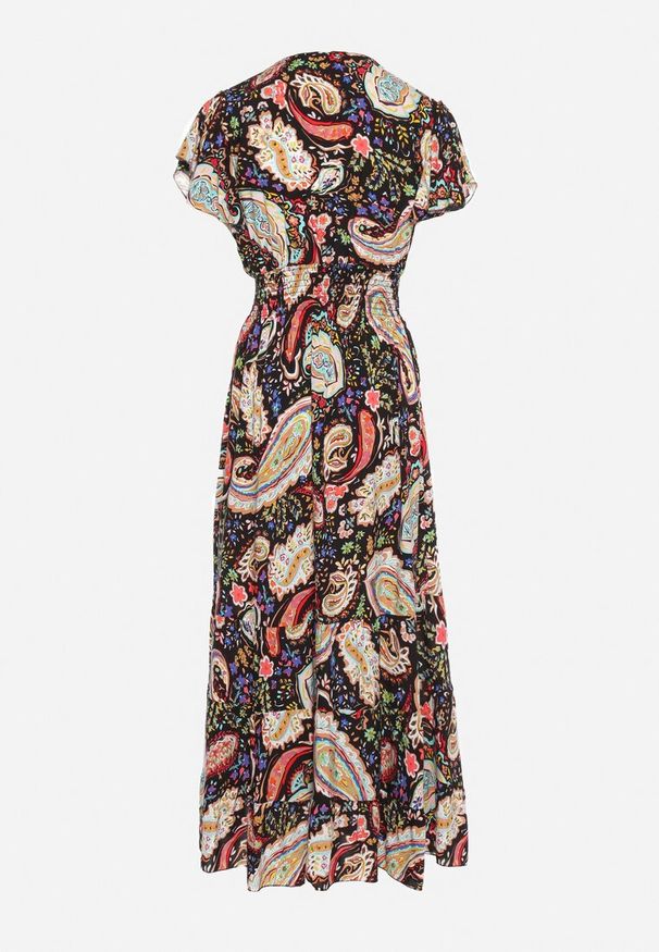 Born2be - Czarna Bawełniana Sukienka Boho z Gumką w Talii i Wzorem Paisley Sirrelia. Kolor: czarny. Materiał: bawełna. Wzór: paisley. Styl: boho
