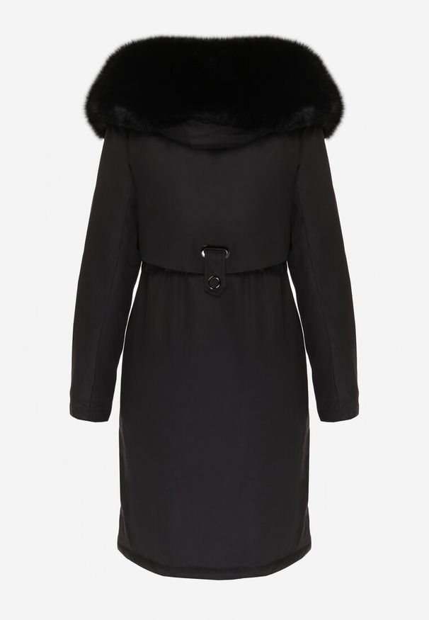 Born2be - Czarna Kurtka za Kolano ze Ściągaczem i Kapturem z Futerkiem Adoresa. Okazja: na co dzień. Kolor: czarny. Materiał: futro. Styl: casual