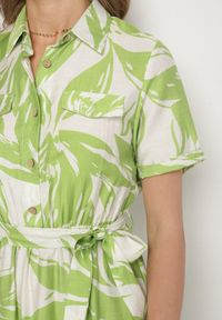 Born2be - Zielona Wiskozowa Sukienka o Koszulowym Kroju z Wiązanym Paskiem Uloanna. Okazja: na co dzień. Kolor: zielony. Materiał: wiskoza. Długość rękawa: krótki rękaw. Wzór: aplikacja. Typ sukienki: koszulowe. Styl: klasyczny, casual, elegancki #6