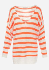 Born2be - Biało-Pomarańczowy Sweter z Wełną w Paski z Trójkątnym Dekoltem Muwsand. Kolor: biały. Materiał: wełna. Wzór: paski #4