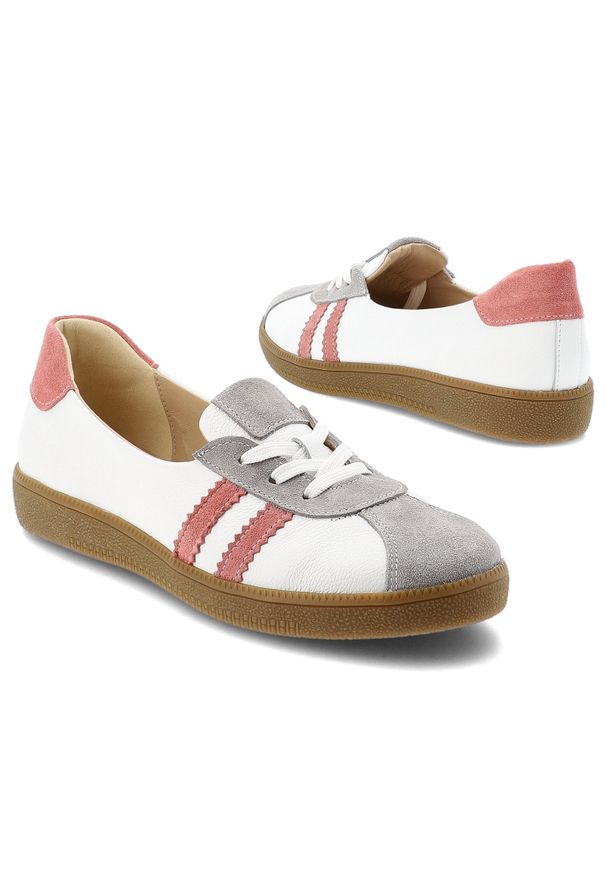 Trampki damskie Armodo, sznurowana konstrukcja z kontrastowymi paskami po bokach i klasycznym noskiem, białe, n1341-139/444/1236. Zapięcie: pasek. Kolor: szary. Styl: klasyczny