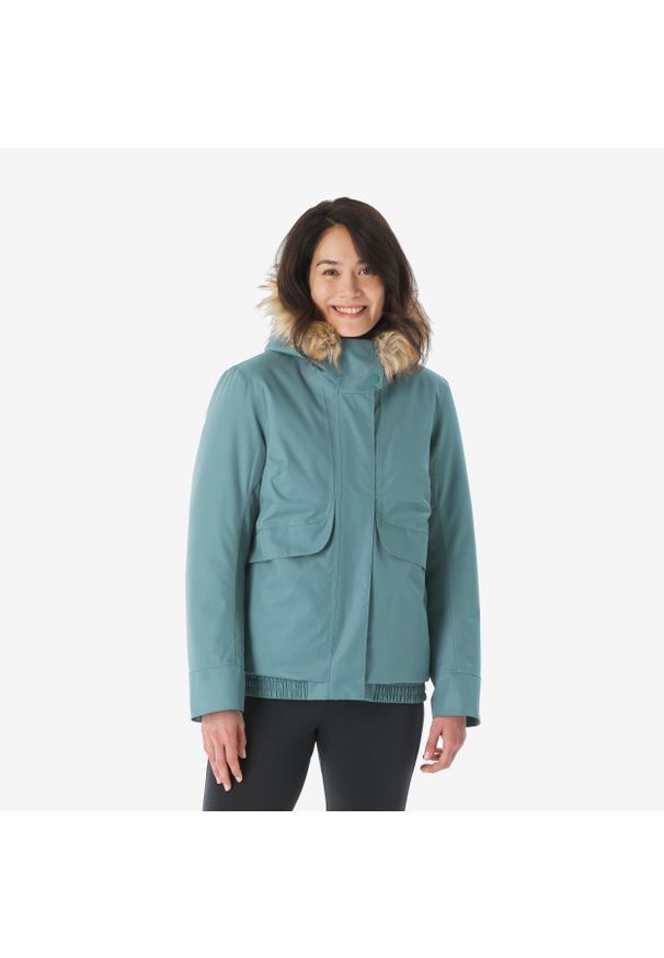 quechua - Kurtka turystyczna damska zimowa Quechua NH500 -8°C wodoodporna. Kolor: zielony, biały, wielokolorowy. Materiał: futro, materiał. Sezon: zima. Sport: turystyka piesza