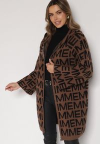 Born2be - Brązowo-Czarny Rozpinany Kardigan z Kapturem z Motywem Liter Belletusa. Okazja: na co dzień. Typ kołnierza: kaptur. Kolor: brązowy. Materiał: jeans. Styl: casual #7
