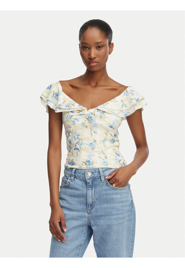 Guess Bluzka W6GP23 K3106 Kremowy Regular Fit. Kolor: kremowy. Materiał: bawełna