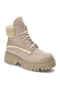 Beżowe Botki Lemar Skórzane Ocieplane Buty Damskie. Kolor: beżowy. Materiał: skóra. Szerokość cholewki: normalna #1