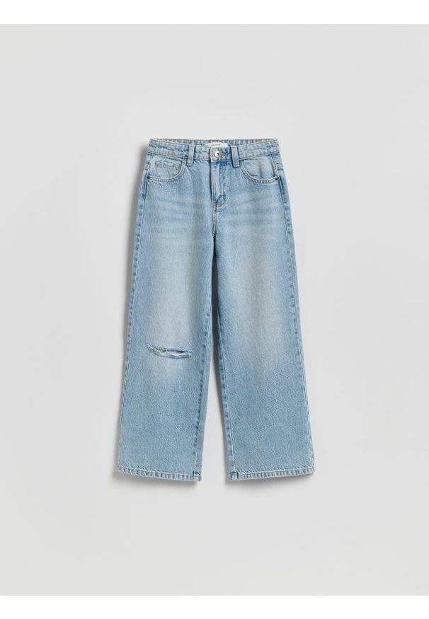 Reserved - Jeansy wide leg z przetarciem - niebieski. Kolor: niebieski