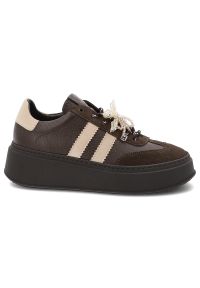 CheBello - Brązowe Sneakersy Chebello Eleganckie Obuwie Damskie. Okazja: na co dzień. Zapięcie: pasek. Kolor: brązowy. Materiał: zamsz, skóra. Wzór: paski. Obcas: na platformie. Styl: elegancki #3