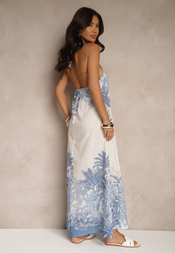 Renee - Niebieska Sukienka z Wiskozą Ozdobiona Wiązaniem i Wzorem Palm Folenella. Okazja: na co dzień. Kolor: niebieski. Materiał: wiskoza. Wzór: aplikacja. Sezon: lato. Styl: elegancki, casual