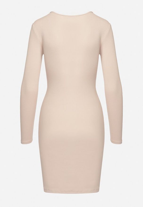 Born2be - Beżowa Bawełniana Dopasowana Sukienka Ozdobiona Transparentną Wstawką Rivirra. Okazja: na co dzień. Kolor: beżowy. Materiał: bawełna. Długość rękawa: długi rękaw. Wzór: aplikacja. Typ sukienki: dopasowane. Styl: casual