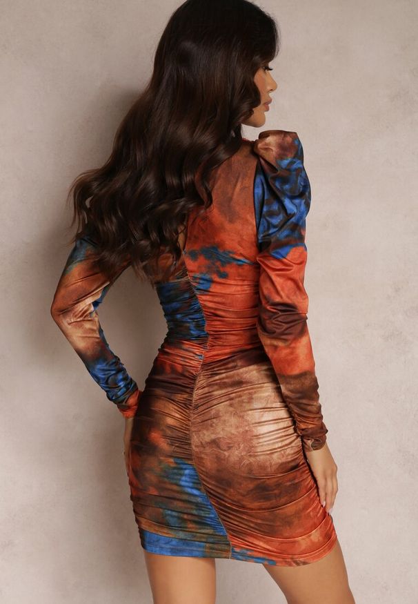 Renee - Pomarańczowa Sukienka Tie-Dye z Bufiastym Rękawem Arona. Okazja: na co dzień. Kolor: pomarańczowy. Typ sukienki: dopasowane. Styl: elegancki, casual