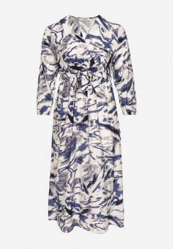 Born2be - Niebieska Rozkloszowana Sukienka Kopertowa z Wiskozą w Abstrakcyjny Wzór Dleffia. Okazja: na co dzień. Typ kołnierza: dekolt w serek. Kolekcja: plus size. Kolor: niebieski. Materiał: wiskoza. Typ sukienki: kopertowe. Styl: elegancki, casual
