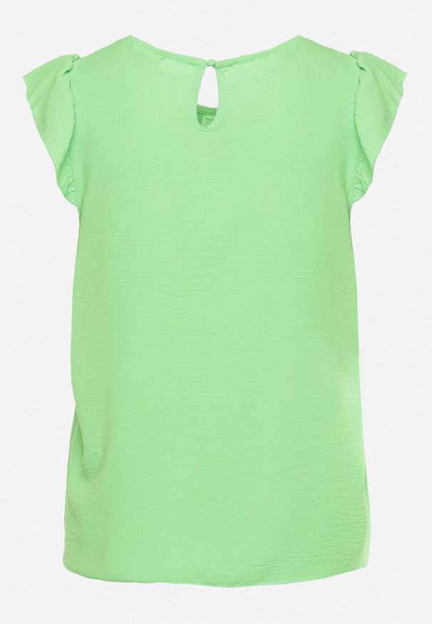 Born2be - Jasnozielona Bluzka Zapinana z Tyłu na Guzik z Falbankami Janacekia. Okazja: na co dzień. Typ kołnierza: kołnierz z falbankami. Kolor: zielony. Materiał: jeans. Styl: elegancki, casual