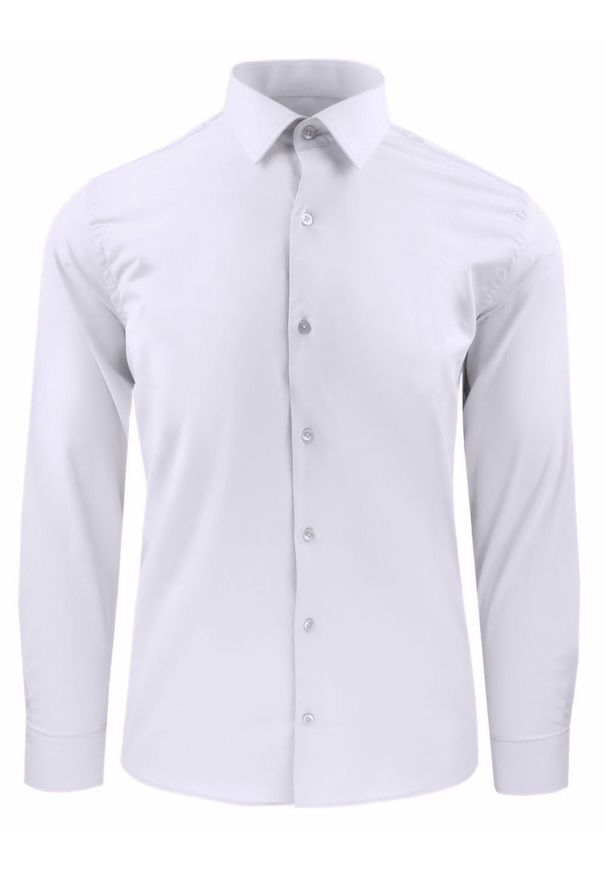 Koszula Męska, Elegancka o Regularnym Kroju - Victorio - Biała. Okazja: na co dzień. Kolor: biały. Materiał: elastan, bawełna. Długość rękawa: długi rękaw. Długość: długie. Styl: elegancki