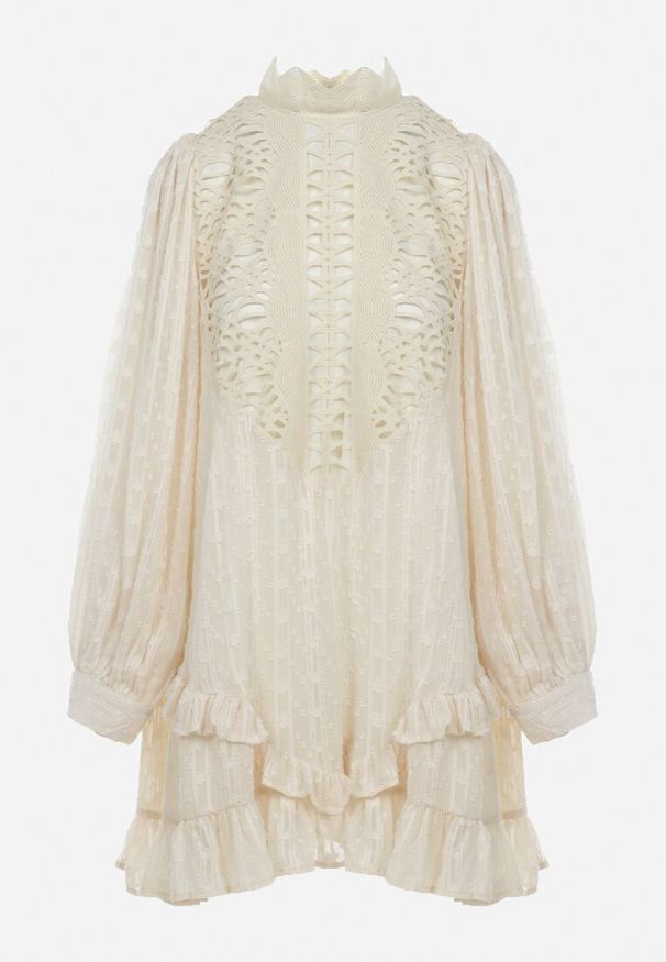 Born2be - Jasnobeżowa Ażurowa Sukienka Mini ze Stójką i Falbankami Ranones. Typ kołnierza: kołnierzyk stójkowy, kołnierz z falbankami. Kolor: beżowy. Materiał: tkanina. Wzór: ażurowy. Styl: retro. Długość: mini