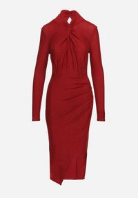 Born2be - Bordowa Brokatowa Sukienka z Asymetrycznymi Marszczeniami Alissel. Okazja: na imprezę. Kolor: czerwony. Materiał: skóra. Długość rękawa: długi rękaw. Typ sukienki: asymetryczne. Styl: wizytowy, klasyczny, rockowy #5