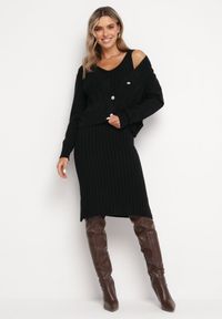 Born2be - Czarny Prążkowany Komplet Dzianinowy z Kardiganem i Sukienką Selanor. Kolor: czarny. Materiał: prążkowany, dzianina. Długość rękawa: na ramiączkach #1