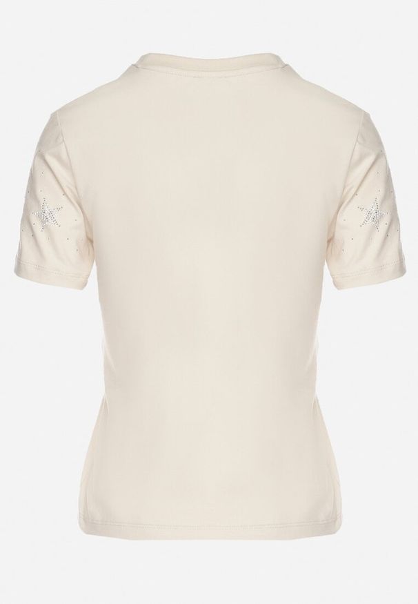 Born2be - Beżowy Bawełniany T-shirt z Cyrkoniowymi Aplikacjami w Gwiazdki Tenivella. Okazja: na spotkanie biznesowe, na co dzień, do pracy. Kolor: beżowy. Materiał: bawełna. Wzór: aplikacja. Styl: elegancki, biznesowy, casual