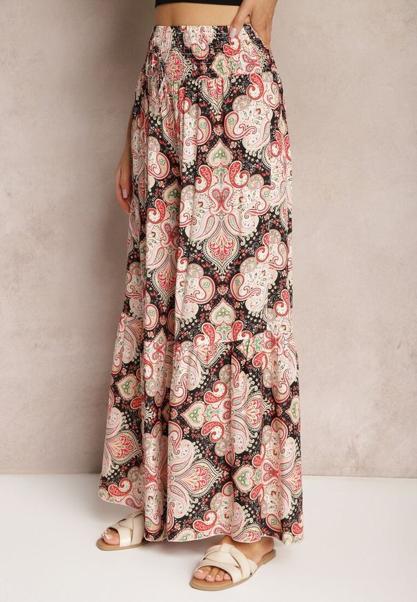 Renee - Różowo-Czarne Spodnie z Rozszerzanymi Nogawkami z Wiskozy High Waist z Gumką w Talii Nasie. Stan: podwyższony. Kolor: różowy. Materiał: wiskoza. Długość: długie. Styl: elegancki, klasyczny