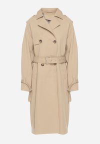 Born2be - Ciemnobeżowy Płaszcz Dwurzędowy Trencz Ozdobiony Paskiem i Pagonami Malwissa. Okazja: na co dzień. Kolor: beżowy. Materiał: jeans. Wzór: aplikacja. Sezon: wiosna, jesień. Styl: casual, elegancki #4