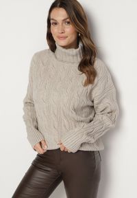 Born2be - Szary Golf o Klasycznym Kroju z Tłoczeniami i Ściągaczami Lirabella. Okazja: na spotkanie biznesowe, do pracy. Typ kołnierza: golf. Kolor: szary. Materiał: jeans. Długość rękawa: długi rękaw. Długość: długie. Styl: klasyczny #5