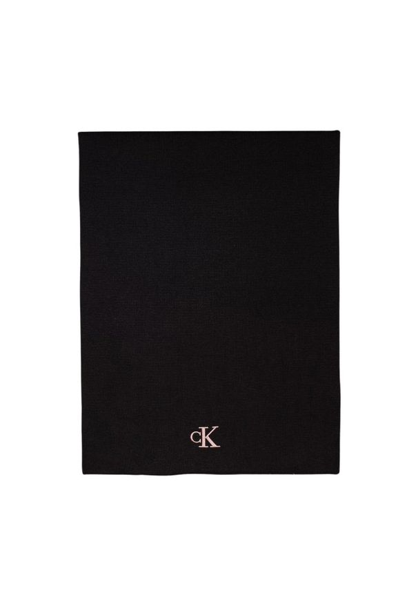 Calvin Klein - CALVIN KLEIN Czarny damski szalik z różowym logo. Kolor: czarny. Wzór: haft