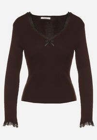 Born2be - Brązowy Sweter z Wiskozą Ozdobiony Koronką i Kokardką Tusirea. Okazja: na co dzień. Typ kołnierza: kokarda. Kolor: brązowy. Materiał: wiskoza, koronka. Wzór: aplikacja, koronka. Styl: klasyczny, casual, elegancki #7