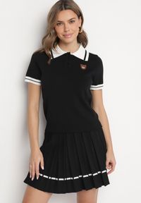 Born2be - Czarny Komplet Dzianinowy z Wiskozą Koszulka Polo i Plisowana Spódnica Nelreis. Kolor: czarny. Materiał: wiskoza, dzianina. Wzór: aplikacja #6
