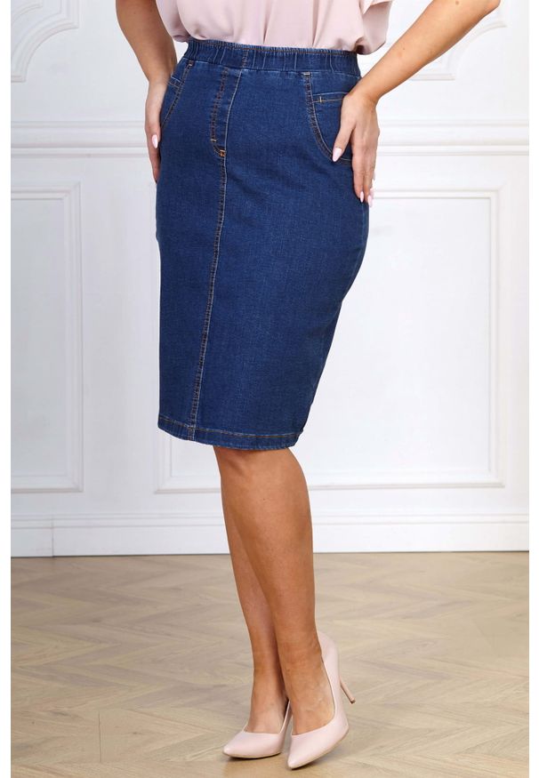 Moda Size Plus Iwanek - Jeansowa spódnica o długości midi PLUS SIZE XXL WIOSNA. Okazja: na spotkanie biznesowe, na co dzień, do pracy. Kolekcja: plus size. Materiał: jeans. Długość: krótkie. Sezon: wiosna. Styl: elegancki, casual, biznesowy