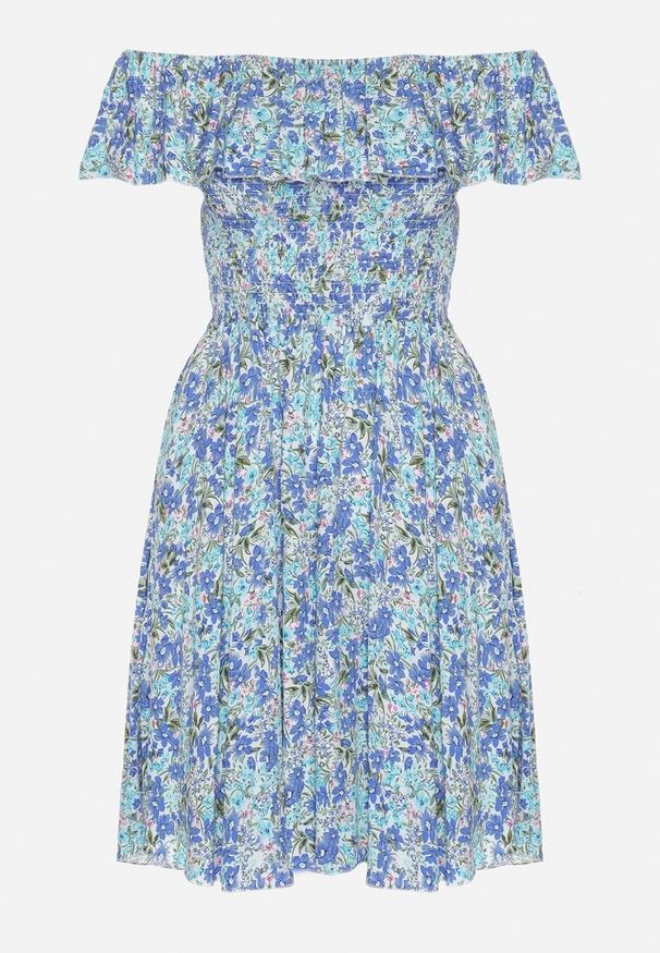 Born2be - Niebieska Sukienka z Bawełny Typu Hiszpanka z Falbankami w Kwiaty Aenne. Okazja: na spacer, na imprezę. Typ kołnierza: kołnierz z falbankami, dekolt hiszpanka. Kolor: niebieski. Materiał: bawełna. Wzór: kwiaty. Sezon: lato. Styl: elegancki