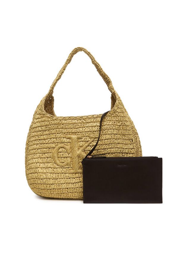 Calvin Klein Torebka Bold Ck Raffia Lg Shoulder Bag LV04F3448G Beżowy. Kolor: beżowy