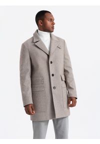 Ombre Clothing - Jednorzędowy wzorzysty męski płaszcz z kieszeniami – popielaty V1 - Rozmiar: XL. Typ kołnierza: kołnierz rewers. Kolor: szary. Materiał: syntetyk, tkanina, poliester, materiał. Wzór: ze splotem #11