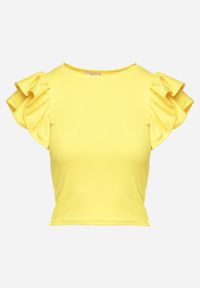 Born2be - Żółty T-shirt Koszulka z Prążkowanego Materiału z Falbanką przy Rękawach Vimandria. Okazja: na co dzień. Typ kołnierza: dekolt w łódkę, kołnierz z falbankami. Kolor: żółty. Materiał: prążkowany, materiał. Styl: casual, elegancki