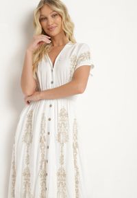 Born2be - Biała Haftowana Taliowana Sukienka z Bawełną Zdobiona Srebrną Nicią i Gumkami Ellofia. Okazja: na co dzień. Kolor: biały. Materiał: bawełna. Wzór: aplikacja, haft. Typ sukienki: proste. Styl: klasyczny, casual, elegancki #2