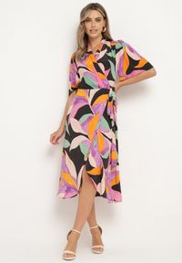 Born2be - Czarno-Fioletowa Sukienka z Kopertowym Dekoltem i Wiązaniem w Talii Quopia. Okazja: na co dzień. Kolor: czarny. Długość rękawa: krótki rękaw. Typ sukienki: kopertowe. Styl: casual #6