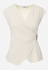 Born2be - Beżowa Bluzka z Wiskozą Kopertowym Dekoltem i Metalową Klamrą z Boku Sanviel. Kolor: beżowy. Materiał: wiskoza #4