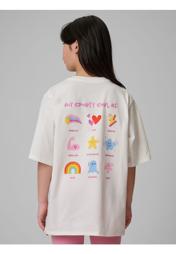 4f - 4F T-shirt loose z nadrukiem dziewczęcy - biały 134/140 (8-10 lat). Okazja: na uczelnię, na co dzień, na spacer. Kolor: biały. Materiał: materiał, bawełna, skóra, dzianina. Wzór: nadruk. Sezon: lato. Styl: casual