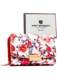 Wielokolorowy portfel damski wykonany ze skóry ekologicznej, ozdobiony kwiatowym wzorem - Peterson. Kolor: wielokolorowy. Materiał: skóra ekologiczna. Wzór: aplikacja, kwiaty #1