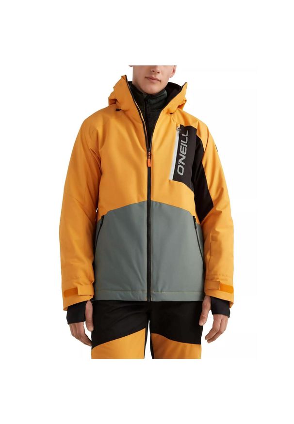 Płaska kurtka narciarska męska O'Neill Jigsaw. Kolor: żółty, szary, wielokolorowy, pomarańczowy. Długość: krótkie. Sezon: zima. Sport: narciarstwo