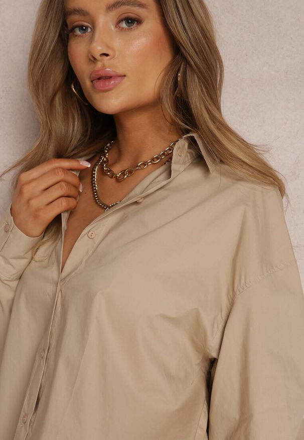 Renee - Beżowa Koszula Bawełniana Aquida. Kolor: beżowy. Materiał: bawełna. Długość rękawa: długi rękaw. Długość: długie