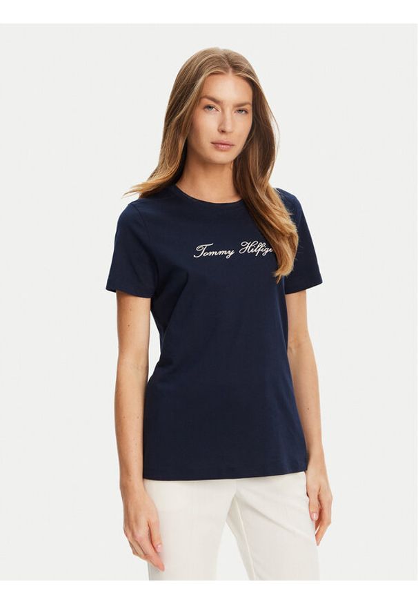 TOMMY HILFIGER - Tommy Hilfiger T-Shirt Script WW0WW47210 Granatowy Regular Fit. Kolor: niebieski. Materiał: bawełna