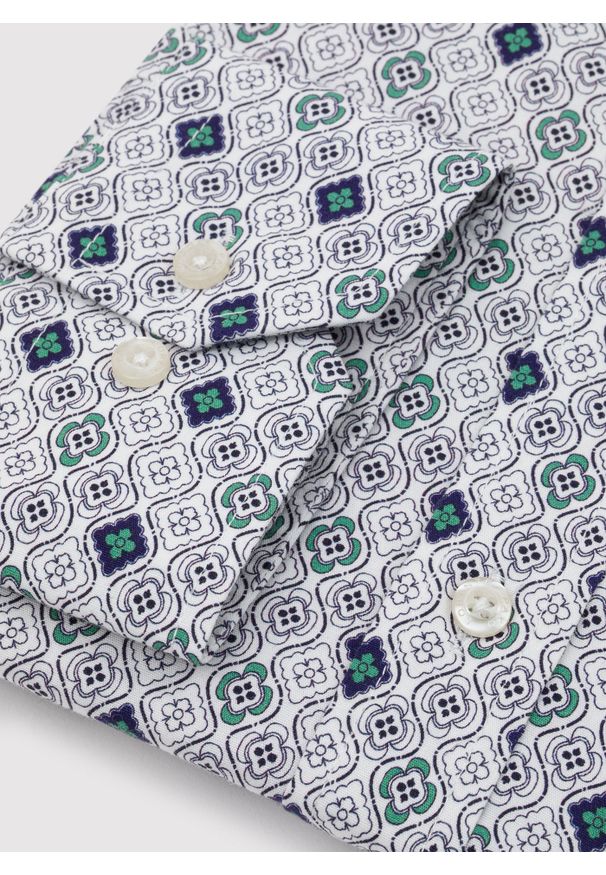 Pako Lorente - PAKO LORENTE – Męska koszula w kolorze białym w granatowo-zielony wzór. Typ kołnierza: kołnierzyk klasyczny. Kolor: zielony, biały, niebieski, wielokolorowy. Materiał: elastan, bawełna. Długość rękawa: długi rękaw. Długość: długie. Styl: klasyczny