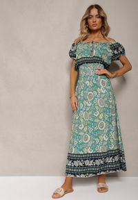 Renee - Zielona Sukienka z Bawełny z Gumką w Pasie i Wiązaniem przy Dekolcie Hiletta. Okazja: na co dzień. Kolor: zielony. Materiał: bawełna. Styl: casual