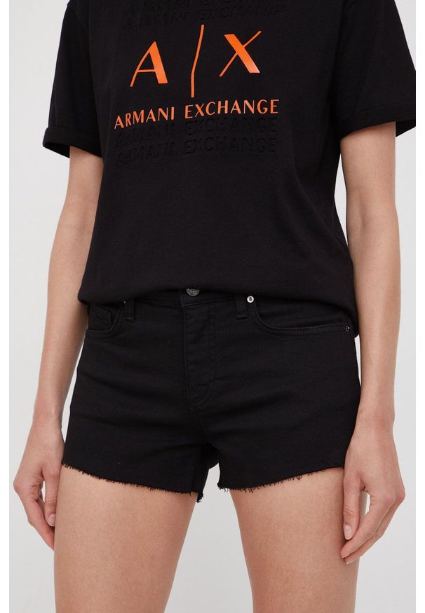 Armani Exchange szorty jeansowe 3LYJ59.Y1SRZ damskie kolor czarny gładkie medium waist. Kolor: czarny. Materiał: jeans. Wzór: gładki