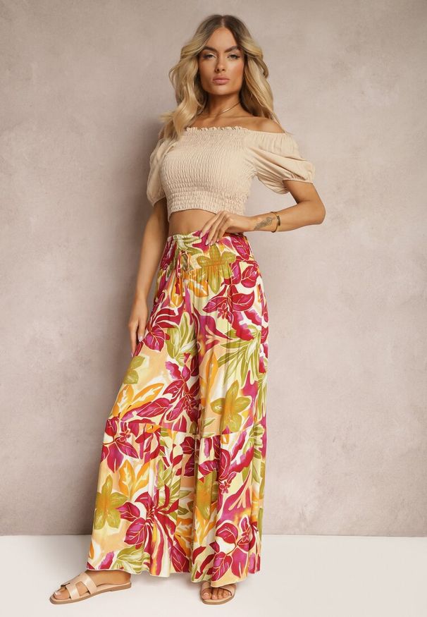 Renee - Żółto-Różowe Spodnie High Waist z Wiskozy Typu Palazzo z Gumkami w Talii Haestria. Stan: podwyższony. Kolor: żółty. Materiał: wiskoza. Sezon: lato